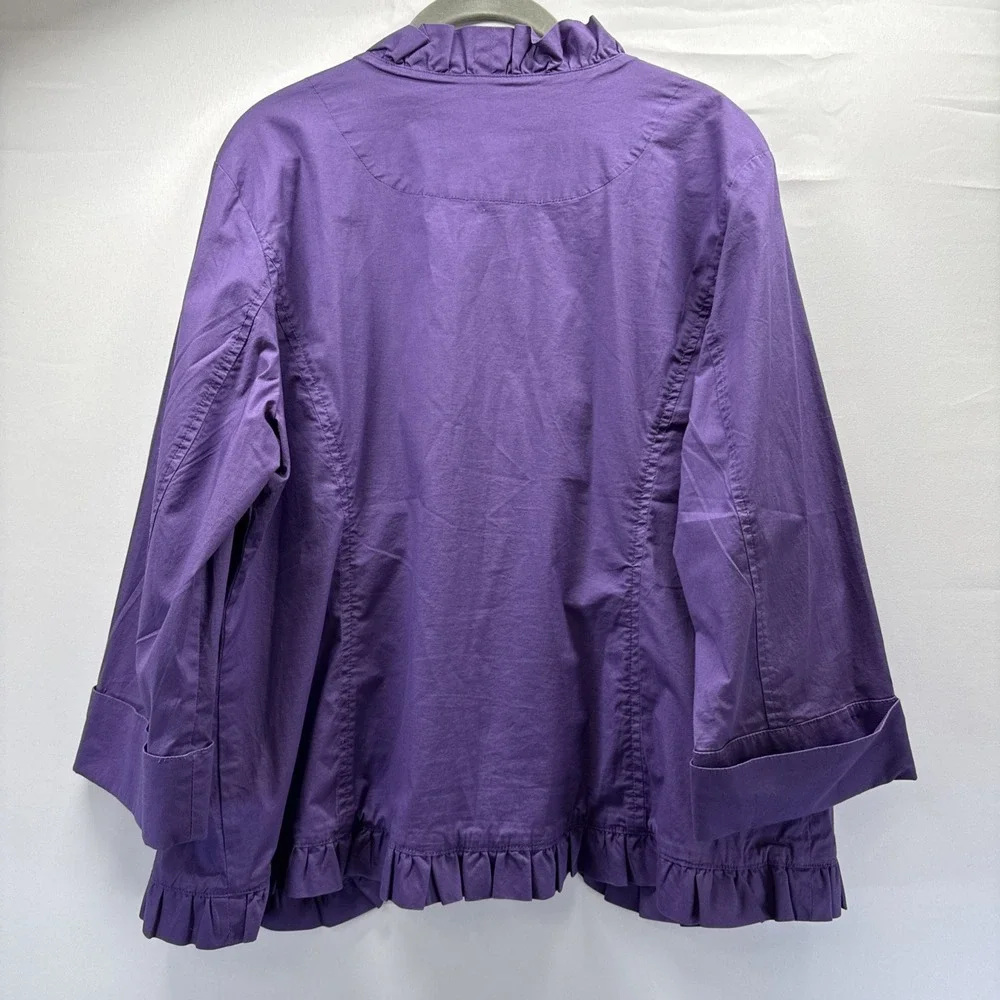 Chicos Womens Jacket Size Large Solid Purple Ruffle Trim Unlined 3/4 Sleeve Open